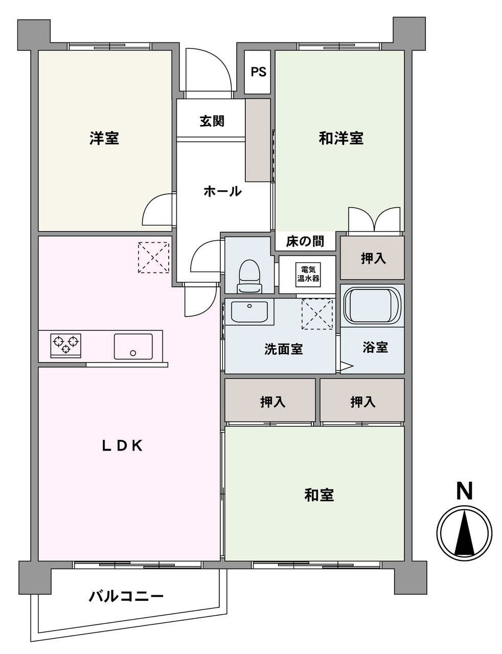 和室・洋室・和洋室とそれぞれテイストの違う3部屋が付いた3LDK。水回りが集約されているので、家事動線がスムーズな間取り設計です。LDKに隣接する和室は、扉を開放すれば一体利用が可能。
