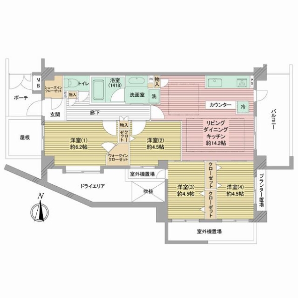 4LDK、77.40㎡、角住戸