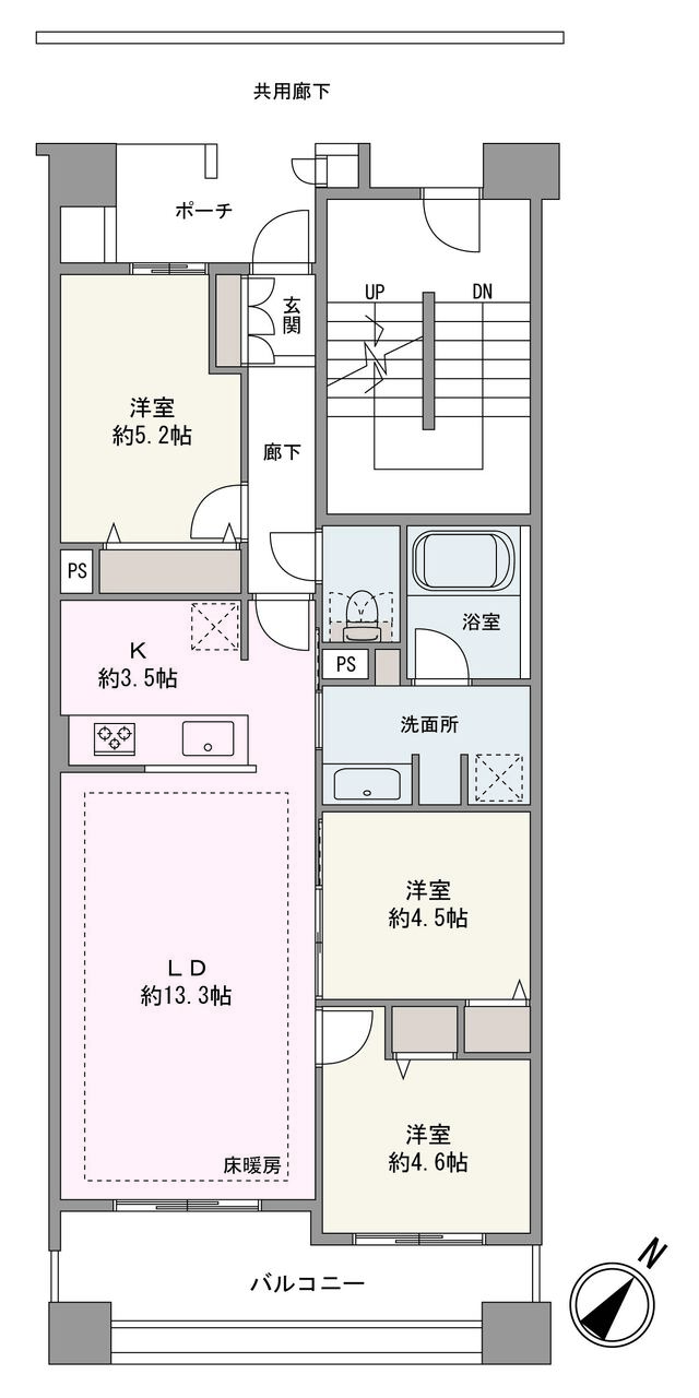 南東向きのバルコニーが備わった3LDK住戸です。リビングに隣接した洋室が2か所あり、ご家族がコミュニケーションを取りやすい間取りです。