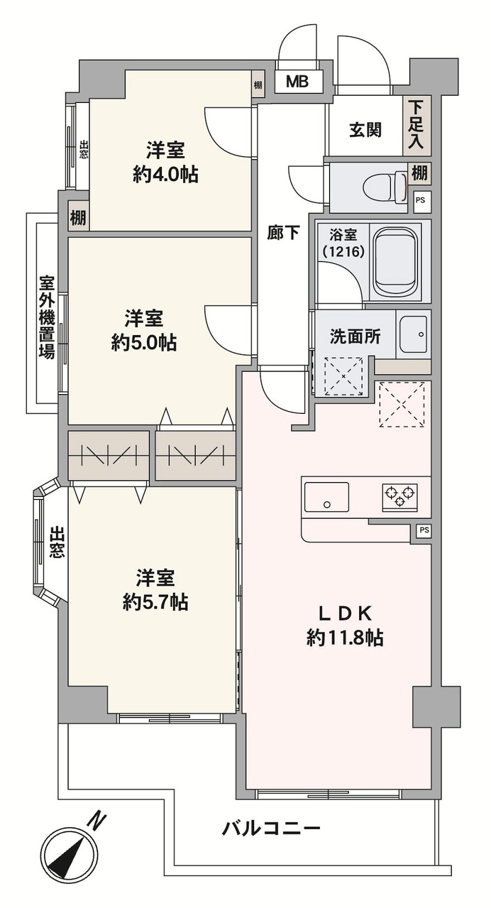 南西角住戸につき、陽当たり・通風良好です。約11.8帖のLDKは、隣接する約5.7帖の洋室と広々一体利用が可能です。ご家族とのコミュニケーションが深まる、対面式キッチンが採用されています。
