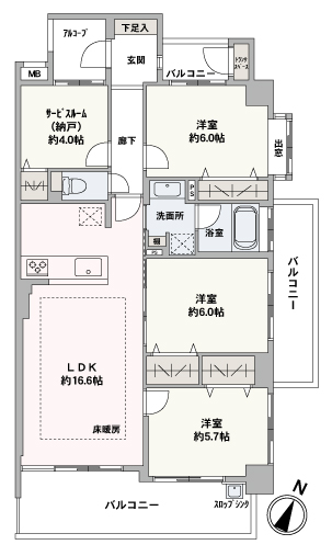 3面バルコニーが備えられた、南東角住戸。開放感があり通風良好です。約4.0帖の納戸・トランクスペースなど、収納スペースが充実した住まいです。