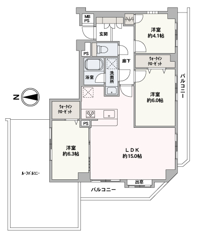 3面バルコニーが備わった、最上階・角部屋の3LDK。WICが2ヶ所に設けられているので、たくさんの洋服や小物などを収納可能。居住空間を広く確保できます。
