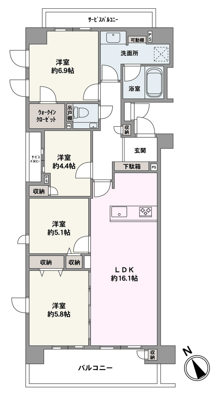 南西向きのバルコニーが備わった4LDK住戸です。7階角部屋につき、眺望・陽当り良好。随所に収納が備わり、収納を活用して室内を更に広く使えます。
