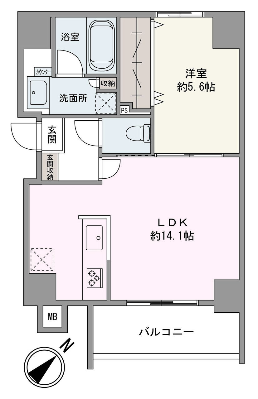 南東向きのバルコニーが備わった1LDKの住まい。約5.6帖の洋室はLDKと引き戸を介して隣接しています。用途に合わせてLDKと一体利用することが可能です。