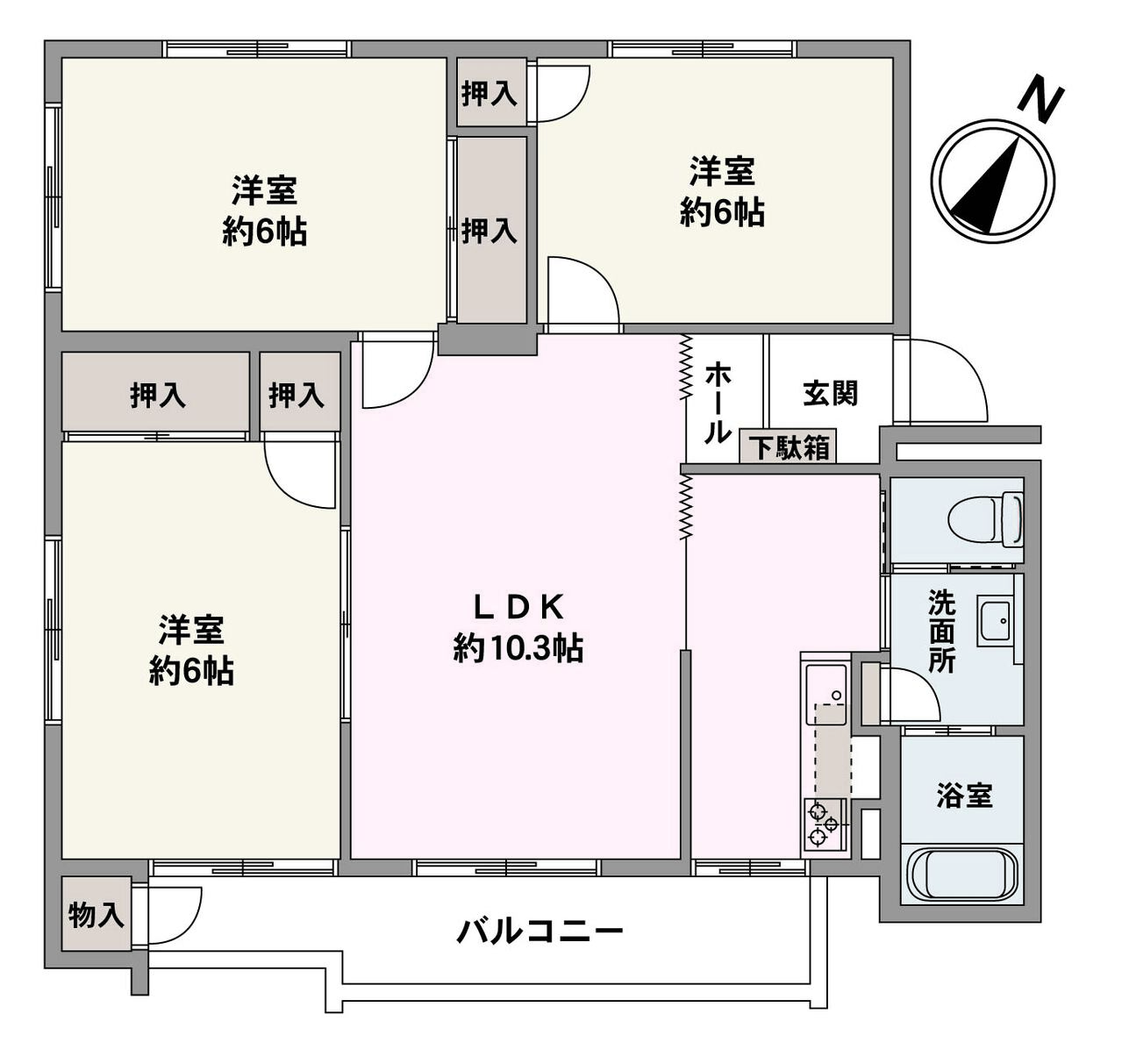 全居室6帖以上のゆとりある広さ。キッチンに洗面所などの水廻りが隣接しており、家事動線にも配慮されています。各洋室は押入れ付きで、住空間を有効活用可能です。