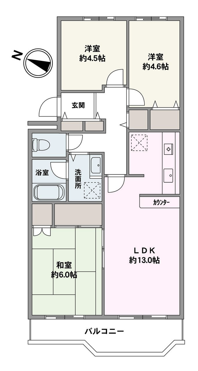 陽当たり良好な西向きバルコニーが設けられた、3LDKの住まい。収納が豊富なので、居住スペースをすっきりと保つことができます。