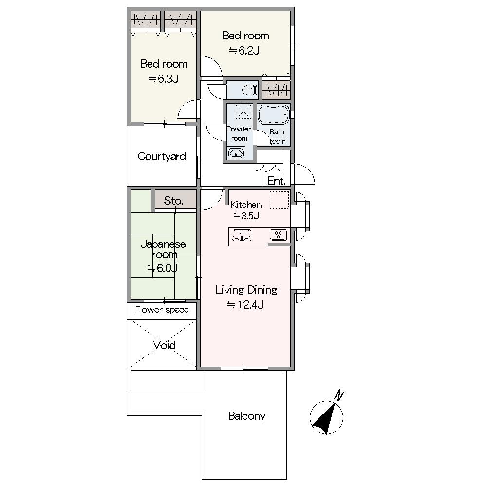 全居室6帖以上の、三方角住戸。専用庭とルーフバルコニー付きの通風良好な住まいです。約12.4帖のLDには和室が隣接しており、ご家族皆様でゆったり寛ぐことができます。