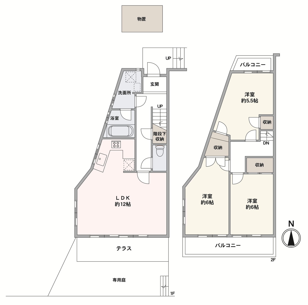 1・2階メゾネットタイプの3LDK。南×西角住戸につき、陽当たり良好です。2階は2面バルコニー付きで、全洋室がバルコニーに面しています。室内随所に設けられた豊富な収納も魅力的。
