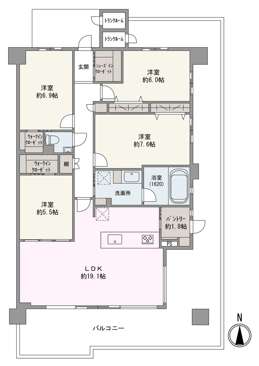WIC・SIC・パントリーが備わった、収納力の確保された住戸です。居住空間を広く使うことが可能です。約19.1帖のLDKは2面採光により、心地よい陽光と風が入り込みます。