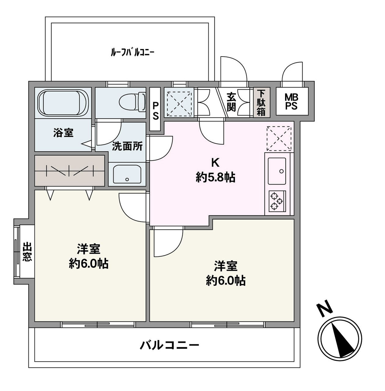 約6.0帖の洋室2部屋が設けられた2K。キッチンは作業に集中しやすい壁付けタイプ。南西角部屋なので開放感があります。玄関に下駄箱、西側の洋室にクローゼットが備わっています。