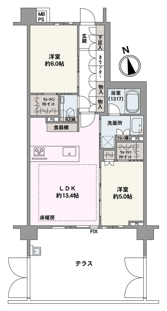 LDKは南向きテラスに面した明るい空間。各洋室にはWICが備わり、住空間をすっきりと有効活用できる間取り設計です。料理中もコミュニケーションがとりやすい対面式キッチンが採用されています。