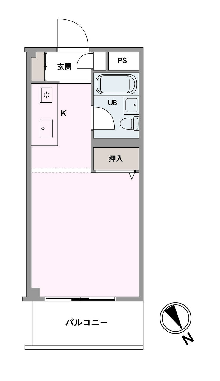 北東向きバルコニーが備わったワンルーム。2階住戸のため、昇降しやすく日常生活にも安心です。洋室には押入、玄関付近にはシューズボックスと玄関収納が備わっており、住空間を有効的に使えます。