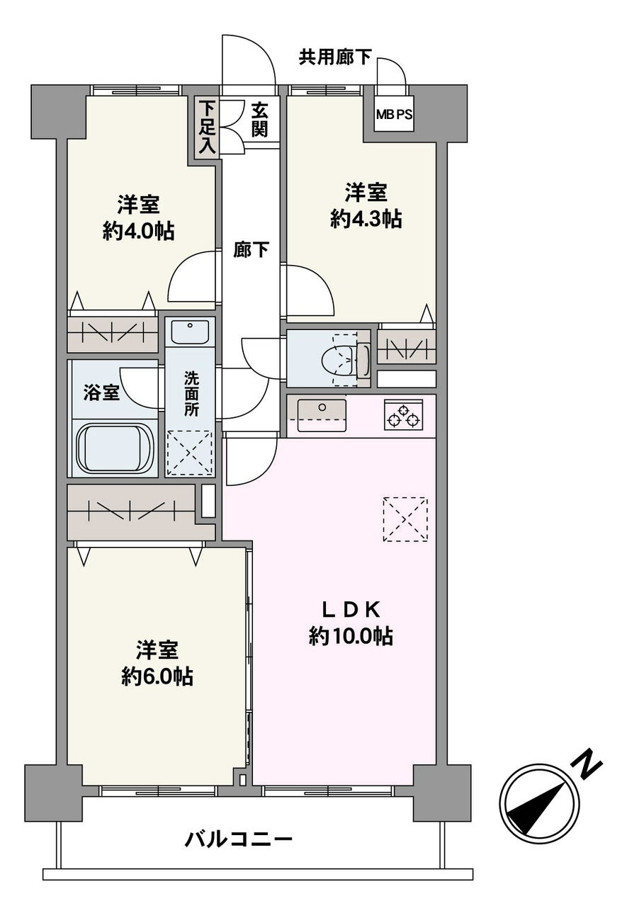 気持ち良い風が通り抜ける「3LDK」の住まい。LDK・約6.0帖の洋室が南東バルコニーに面しています。各洋室に収納スペースが設けられているので、居住空間を広く確保できそうです。