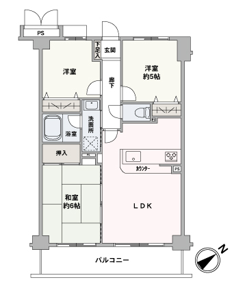 南東向きバルコニー付きの3LDK。調理や片付けをしながら、ご家族とコミュニケーションがとれる対面式キッチンが採用されています。洋室と和室に収納が備わっています。