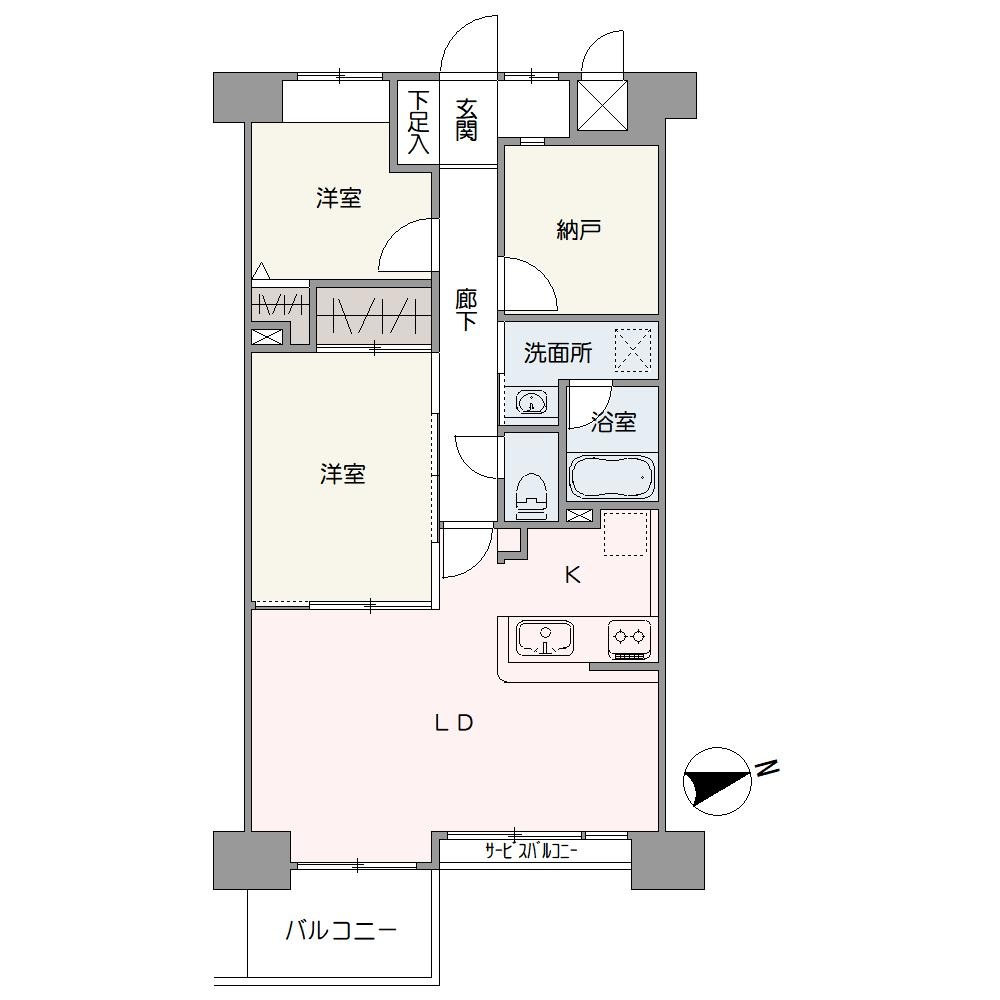 南東向きバルコニーが設けられ、陽当たり＆通風良好な2LDK+Sの住まい。キッチンは、家族との会話が弾む対面式です。納戸付きなので、居住スペースをすっきりと保つことができます。