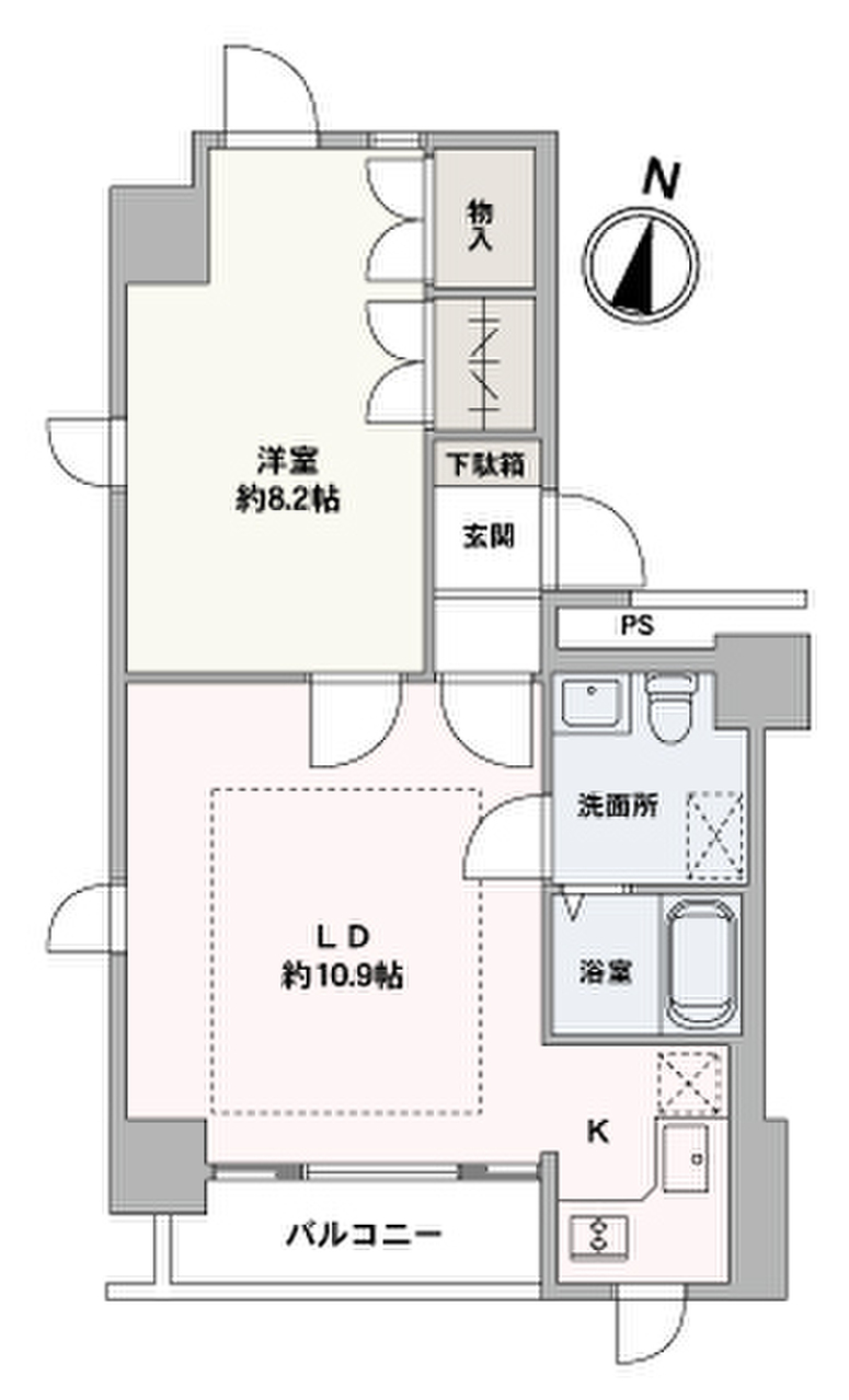 専有面積46.54㎡の1LDK、リビングは南、西の二面採光のお部屋です