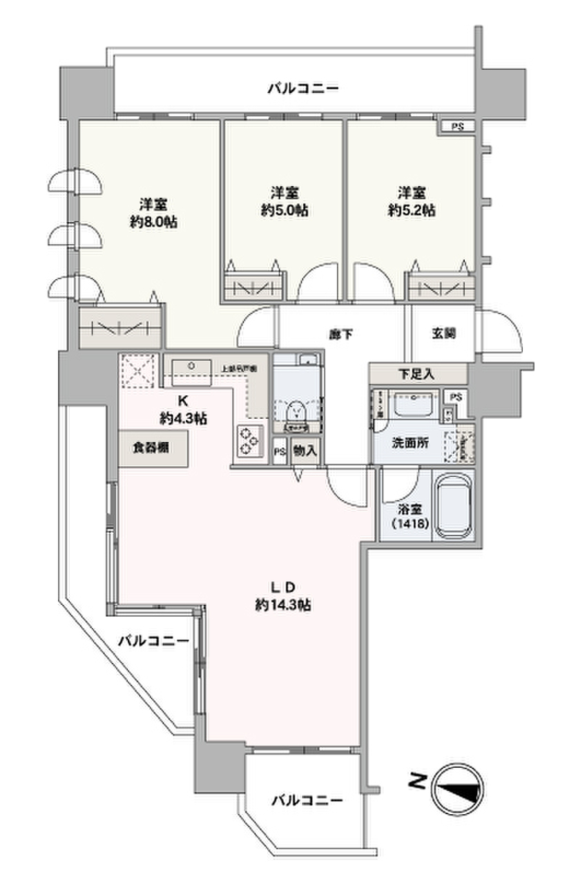 三面採光の8階・角住戸、リビングは二面採光で陽当たり・眺望良好です