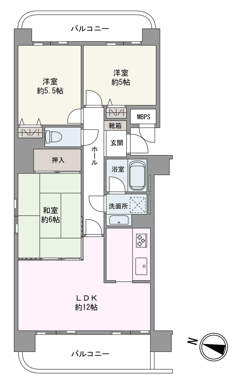 3LDK、価格2398万円、専有面積66.02㎡、バルコニー面積13.98㎡、西と東の2面バルコニーにつき、通風良好です。
