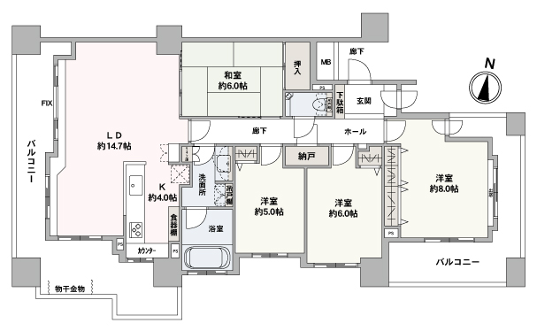 専有面積97.69㎡の4LDK、南・西・東の三方角住戸！リビングは南・西の二面採光、3室ある洋室はすべて南向きで陽当たり良好です！