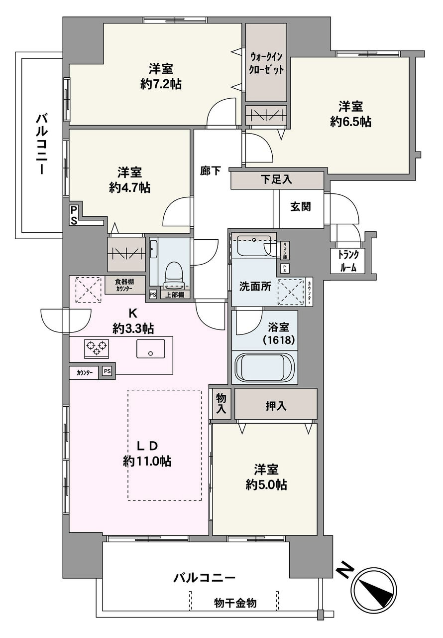 6階、89.59㎡、4LDK、南西・北西・東向きの収納豊富な角住戸です。