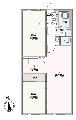 専有面積62.15㎡・2LK・4階、各洋室は6帖以上の広さでゆったりと過ごせます。