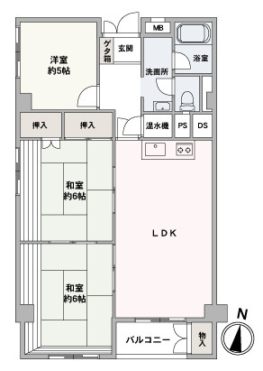 6階部分、3LDK、72.59㎡、南・西の角住戸です。