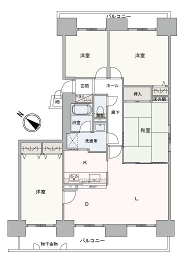 5階部分、83.44㎡、4LDK、南西・北東・南向きの陽当たりの良い角住戸です。
