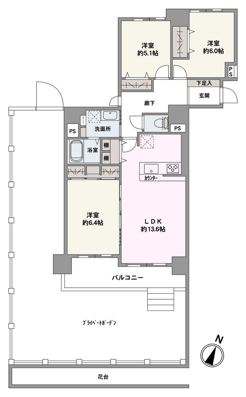 3LDK、価格2690万円、専有面積76.99㎡、専用庭面積47.74㎡、採光良好です。