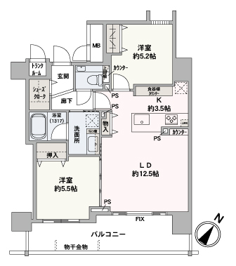 4階部分、61.71㎡、2LDK、南東向きのコンパクトながらゆとりある広さのお部屋です。