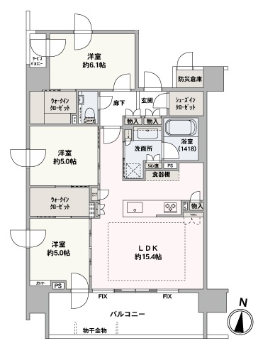 専有面積約74.56㎡の3LDK、南向き窓の南西角住戸、陽当たり・眺望良好です!