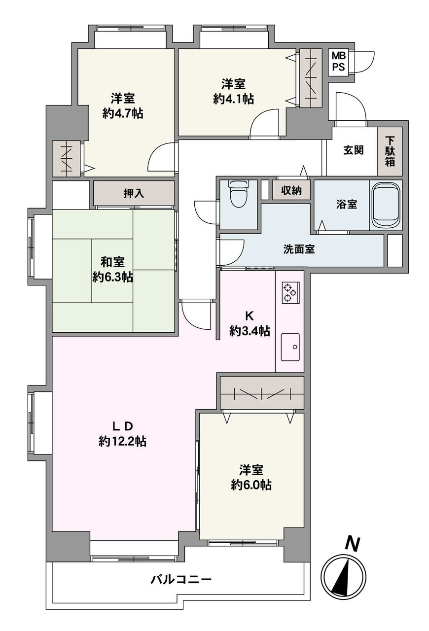 4LDK、価格3190万円、専有面積84.99㎡、バルコニー面積8.4㎡　通風、採光良好です。