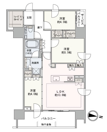 専有面積約70.06㎡の3LDK、東向きリビングの三方角住戸、全居室収納がありウォークインクローゼットのある部屋も2部屋あります。