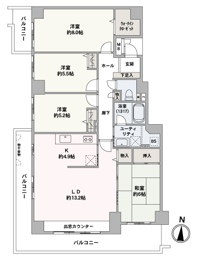 4LDK、価格3280万円、専有面積92.99㎡、バルコニー面積23.14㎡、通風・採光良好です。