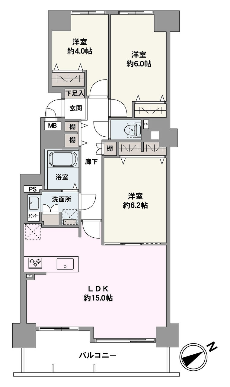 3LDK、価格2890万円、専有面積72.29㎡、バルコニー面積9.93㎡、通風、採光良好です。