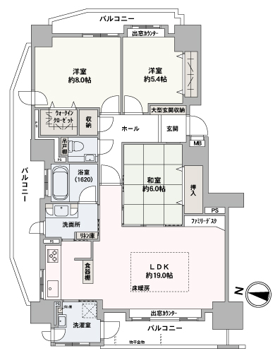 専有面積95.59㎡の3LDK、西・東・北が開口部の三方角部屋です