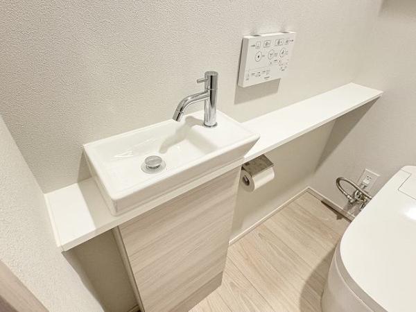 トイレ内に手洗いカウンターがございます。下部には収納もございます。