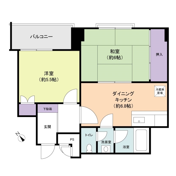 ２DK　４３．４３平米　バルコニー３．８４平米