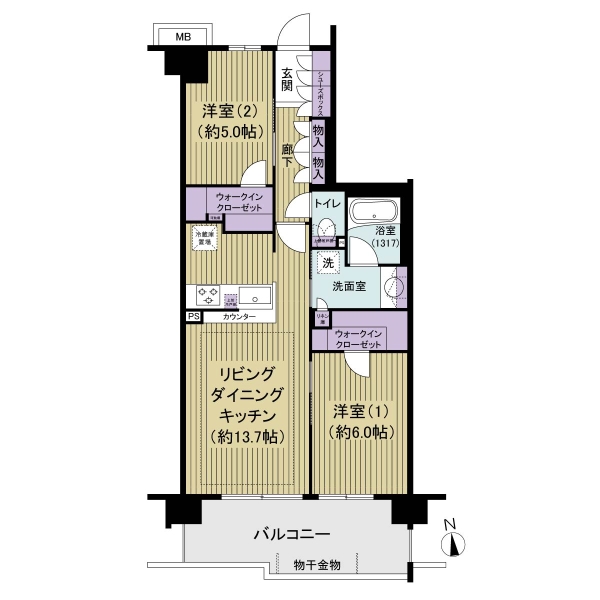 2LDK　59.87㎡　南向きバルコニーで日当たり良好