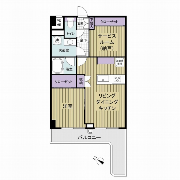 44.82㎡　1LDK+S（納戸）の間取り