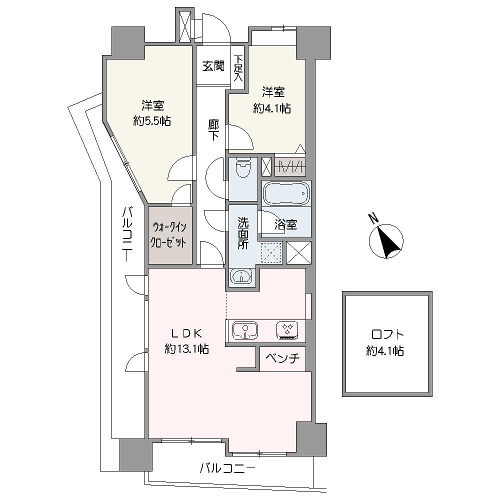 LDKは、広さ約13.1帖。南西側・北西側の2面にバルコニーが設けられています。WICや多目的に活用可能なロフトが設けられた、住空間を有効活用しやすい設計です。