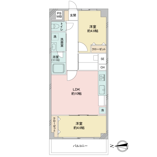 2LDK　角部屋　49.87㎡タイプの住戸