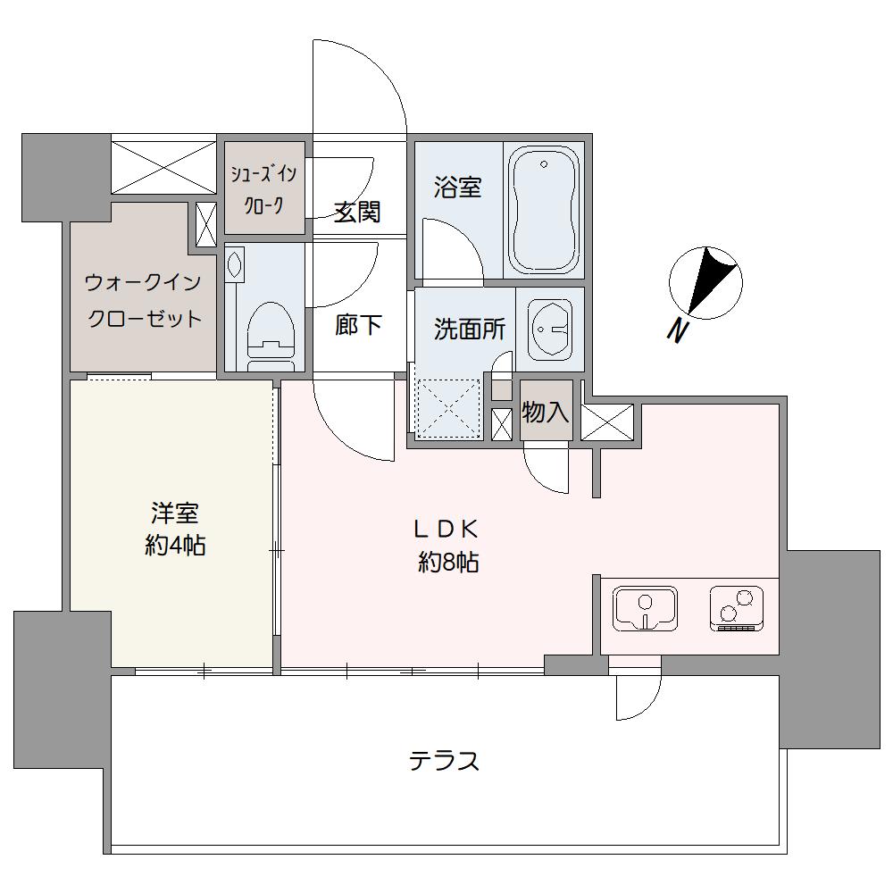WIC、SICが付いた収納力のある「1LDK」の間取り。壁付けキッチンは料理に集中しやすく、LDK空間を広々と使うことができます。