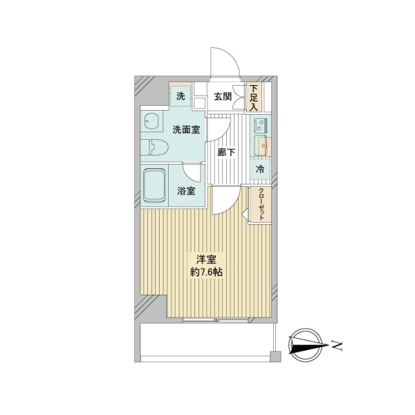 1K約7.6帖東向き角部屋