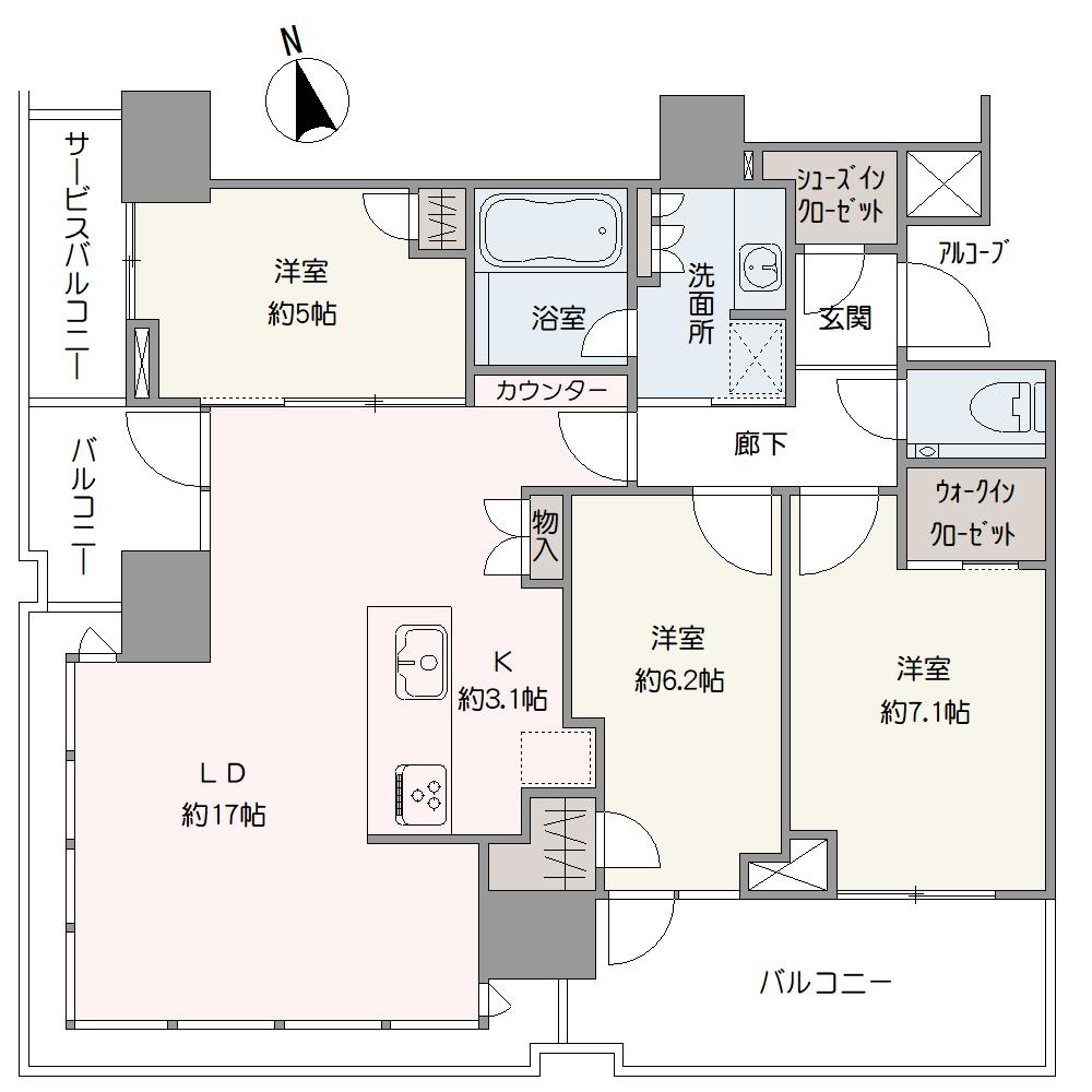 南・西側の2面にバルコニーが備わる3LDK角住戸。SICやWIC、全居室収納など、随所に収納が備わり、住空間を広く使えます。玄関からは室内が見えにくい設計で、外からのプライバシーが守られやすいです。