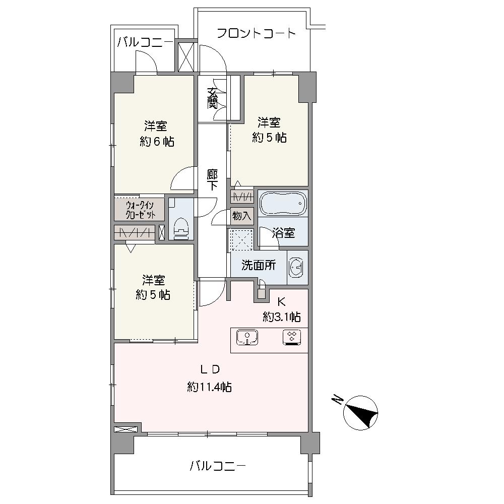 南西・北東向きの2面バルコニーが設置された3LDK住戸です。WICをはじめ各洋室収納や廊下収納、シューズボックスなど豊富な収納が備わっており、住空間を広々とお使いいただけます。