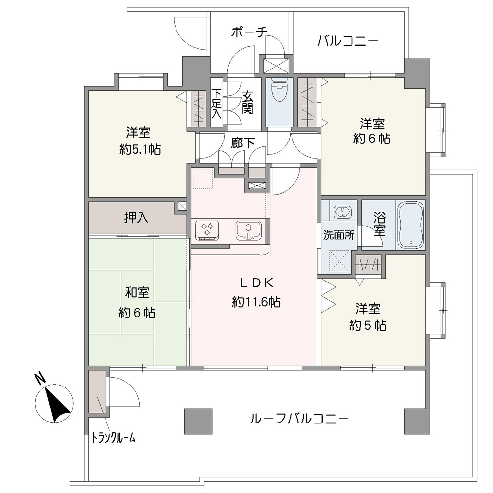 南東・南西角住戸。L字型バルコニー付きの開放的な4LDK。各個室は収納付きで住空間を広く有効活用可能。LDKは和室と一体利用も可能です。