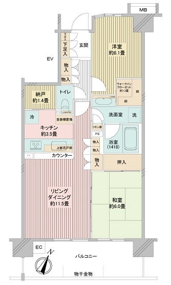 専有６５．５３平米、２ＬＤＫ＋納戸