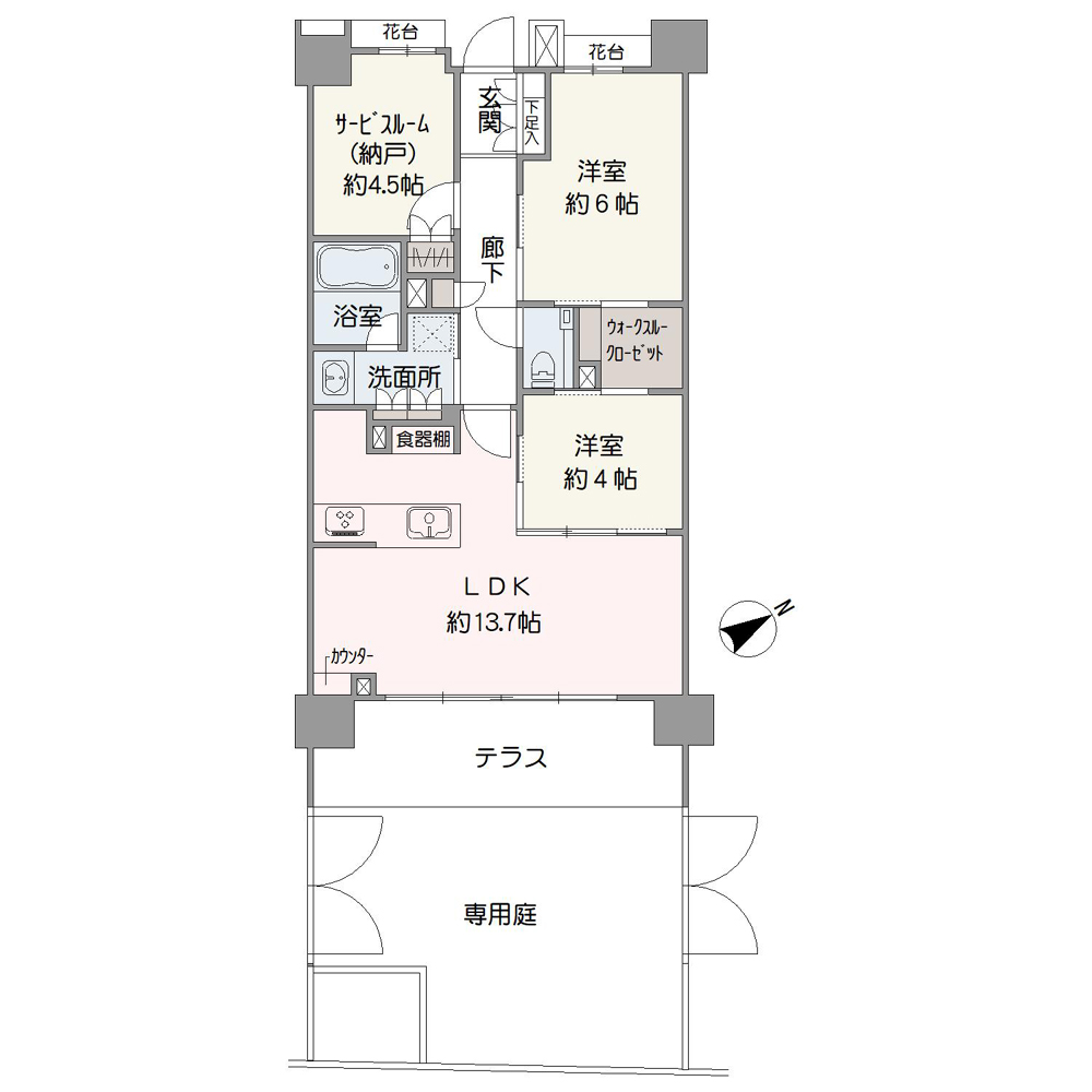 専用庭付きの住まい。約13.7帖のLDKに隣接する約4.0帖の洋室は、引き戸を開けて続き間としての利用もできます。ウォークスルークローゼットや納戸など、随所に収納スペースがあります。