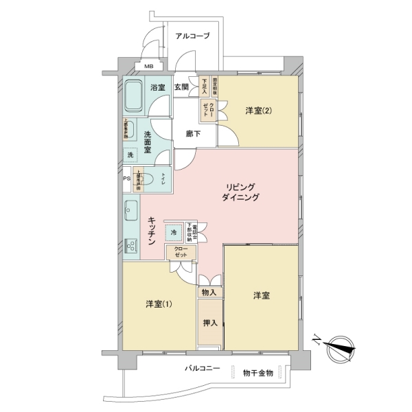 3LDKタイプ角部屋　南西×南東方向