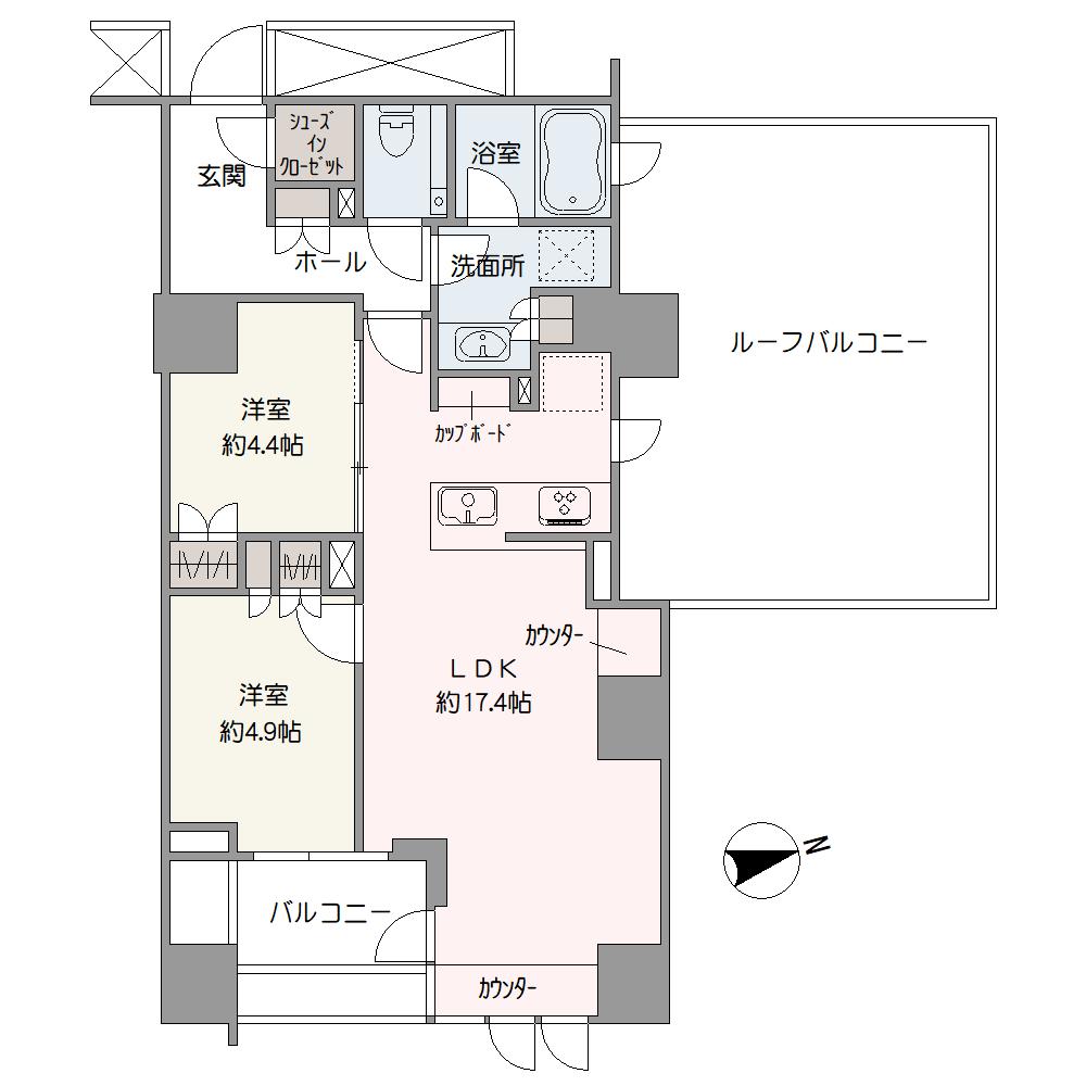 ルーフバルコニー付きの2LDK角住戸です。玄関のそばに洗面室があるので、帰宅後すぐに手洗いができて衛生的です。各洋室に収納が備わっています。
